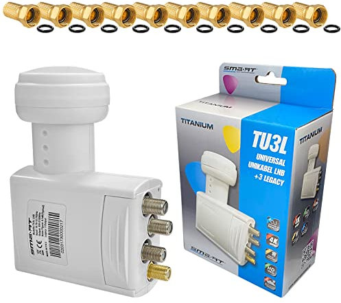 HB-DIGITAL Unicable LNB SCR 3 Legacy LNC für bis zu 7 Teilnehmer (4 Unicable & 3 Direkt), LTE-Abschirmung, Wetterschutz ausziehbar, 1080p Full HD 4K UHD + 10 vergoldete F-Stecker mit Gummidichtung