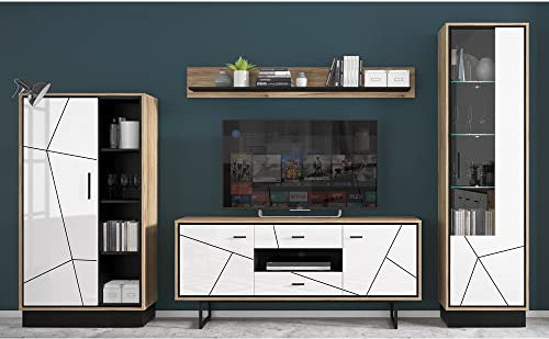 Lomadox Moderne Wohnwand Schrankwand Mediawand TV Möbel Wohnzimmer Set in Catania Eiche Nb. mit schwarz und weiß Hochglanz, B/H/T: ca. 339,5/208,5/40 cm