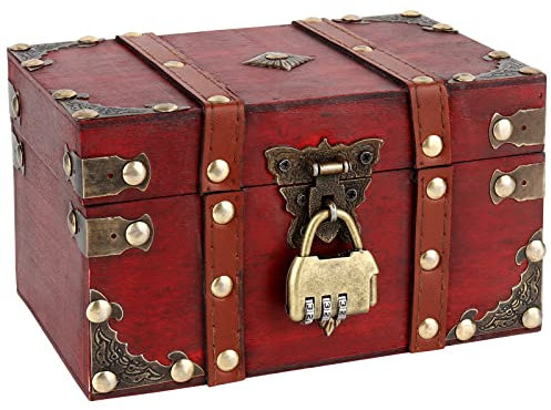 FENGQ Coffre au Trésor Boîte en Bois, Coffre au Trésor avec Cadenas, Petit coffre au trésor, pour ranger des colliers, des boucles d'oreilles, des bagues - 18 x 11.5 x 10.5 cm