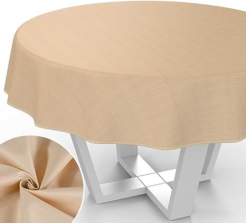 Stoff Tischdecke Textil Tischwäsche Tischtuch Baumwolle Polyester abwaschbar Uni Ornament Damast Jacquard Gewebe waschbar Beige Rund 120cm mit Saum (Eingefasst)