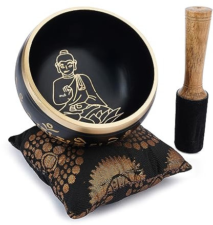 Ajuny Ensemble de Bols Chantants Tibétains – Bols en laiton de Méditation Fabriqués à la Main avec Bâton et Coussin Pour le Yoga, la Guérison des Chakras Sonores et le Soulagement du Stress