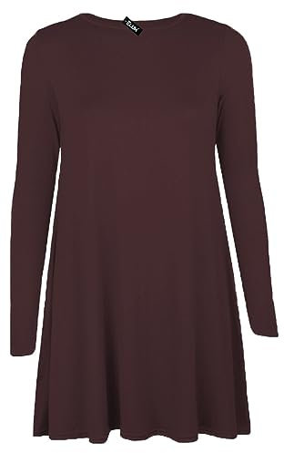Tease Womens Plain Long Sleeve Stretch A Line Skater Flared Swing Dress Top Plus Size T-Shirt 8-26 (18, Brown)