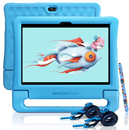 Dragon Touch Kids Tablet 10 inch IPS HD Display Android Tablets with 32GB Storage, 2GB RAM, Quad Core Processor, KIDOZ Pre-Installed, Kid-Proof Case, Shoulder Strap and Stylus, WiFi Only – Blue