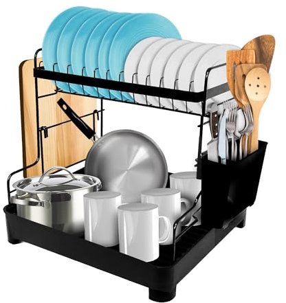 HOUSY LIFE - Escurridor de Platos para Fregadero Compacto - Escurreplatos de Cocina Negro con 2 Niveles, Soporte para Cubiertos y Tabla de Cortar