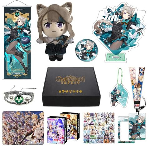 MOTAO Genshin Impact Box Xiao Hu Tao Qiqi Merch Set - Puppe, Poster, Kissenbezug, Standfigur, Armband, Abzeichen, Schlüsselanhänger, Kartenhülle, 30 Lomo Karten, 50 Aufkleber (Lynette)