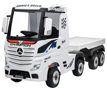 Mondial Toys Camion électrique Mercedes Actros pour enfants 12 V avec licence, siège en cuir, télécommande 2,4 GHz, roues en caoutchouc, portes ouvrables, remorque incluse, lumières LED, musique USB