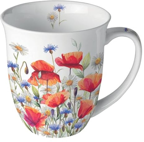 Ambiente Kaffeetasse Henkelbecher Teetasse Mug 0,4 l Fine Bone China Porzellan Mohnblumen Kornblumen Wiese Serie poppies and cornflowers