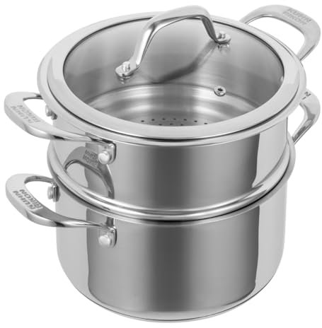 Kuhn Rikon Allround Edelstahl Stapelbar 2-stöckig 2,3L Kasserolle Dampfgarer Set 18 cm Lebensmittel-Dampfgarer mit belüftetem Glasdeckel Induktions- und ofenfest Kochdampfer Spülmaschinenfest