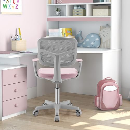 GYMAX Sedia da Scrivania per Bambini, Carico 150 kg, Sedia Ergonomica, Altezza Regolabile, Girevole a 360° (ROSA)