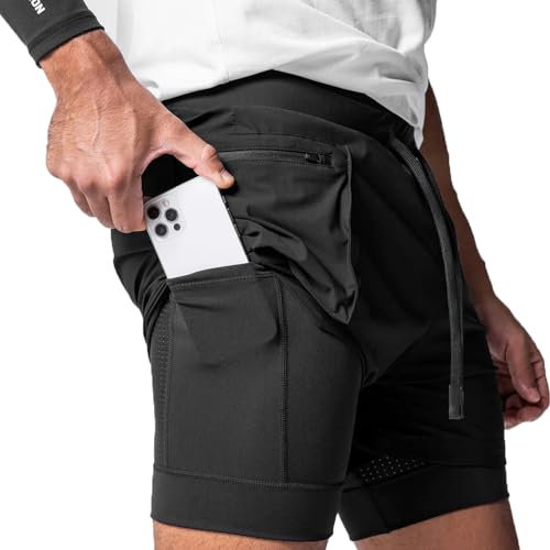 XDSP Herren Sport Shorts Kurze Hose Schnell Trocknend Sporthose 2 in 1 Shorts Sommer Schnelltrocknende Laufshorts Reißverschlusstaschen Fitness Laufhose Atmungsaktive Leichte Sporthose 4-Way-Stretch