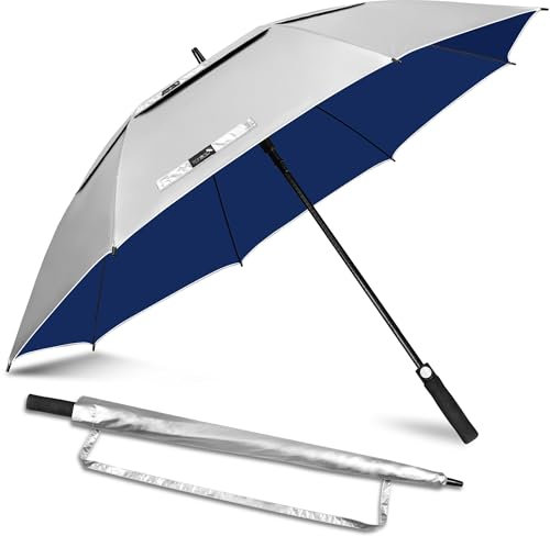 ZOMAKE 54 Inch Golf Umbrella - UPF 50+ UV Protection Sun Umbrella,Windproof Strong Umbrella With Vented Double Canopy,Automatic Open Extra Large Umbrella For Men Women Family(Silver Navy Blue)