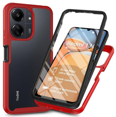 SEAHAI Clear Case for Xiaomi Redmi 13C 5G/4G/POCO C65, [with Built-in Screen Protector] Military Grade Full Body Rugged Armor Cover, Heavy Duty Dropproof Shockproof Case - Dark red
