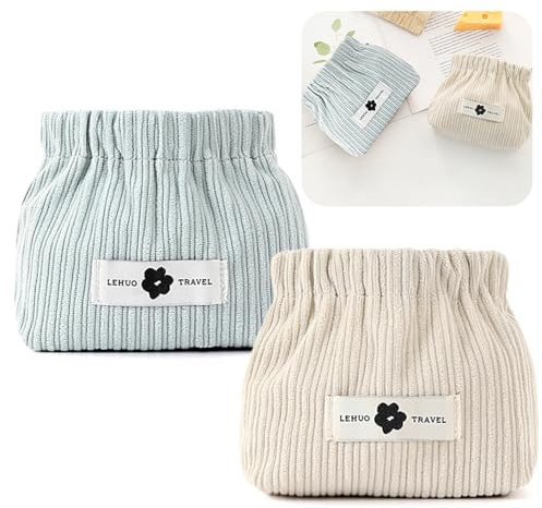 Koonafy 2pcs Corduroy Elastic Hair Tie Organizer Portable Travel Small Makeup Pouch Corduroy Lipstick Storage Bag for Hair Jewelry Lipstick Coin Purse for Women(Blue+White)