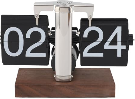 Yunir Flip-Schreibtischuhr, 24-Stunden-Vintage-Digital-Edelstahl-Holzsockel, Retro-Auto-Mechanische-Flip-Down-Uhr mit Internem Getriebe, für das Home Office
