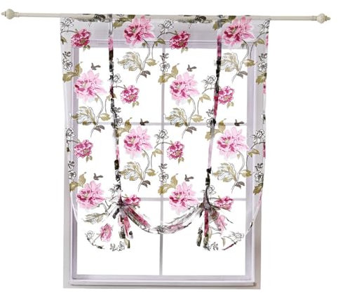 Raffrollo Mit Schlaufen Raffgardinen Gardinen, Küche Bindegardine Scheibengardine, Voile Transparentes Bändchenrollo, Für Schlafzimmer, Badezimmer, Küche,1er Pack (BxH 100x140cm,Rote Pfingstrose)