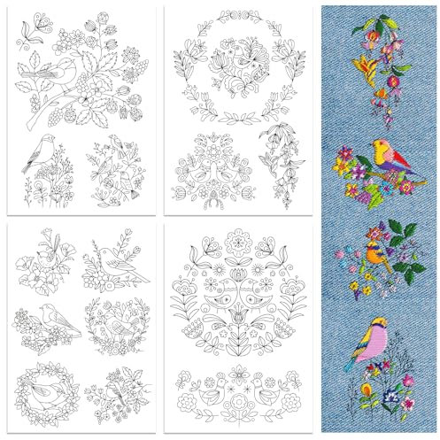 peacoblue Stickvorlagen Wasserlöslich für Anfänger 4 Sheet Vogel und Blume with 14pcs Muster, Wash Away Stick and Stitch Auflösbares Stickereipapier für Handnähbegeisterte Frauen Erwachsene