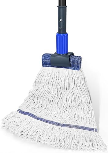 BUVE Commercial Industrial Cotton Mop, Looped-End String Wet Mop for Floor Cleaning, Blue and White, 57.5 Long Handle, Stainless Steel, Cotton Head, For Home, Garage, Office, Workshop, Warehouse