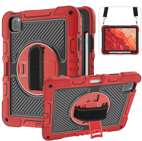 YOUULAR Custodia per tablet Apple iPad Pro 11 (2024)/Apple iPad Pro 11 (M4) 11, custodia antiurto per tablet con supporto girevole a 360° e cinturino da polso, tracolla grande rossa+nera