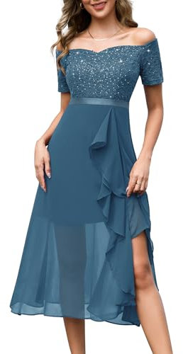Berylove Brautjungfernkleider Abendkleid Ballkleider Damen Lang Chiffonkleid Damen Glitzer Jugendweihe Kleider Konfirmationskleider BLP7085 Grey Blue L