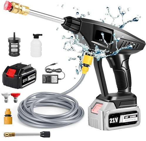 Nettoyeur Haute Pression, Pistolet Haute Pression sans Fil 50Bar, Nettoyeur Haute Pression sur Batterie, Chargeur et Tuyau de 5M, pour Lavage et Arrosage de Voiture (C)