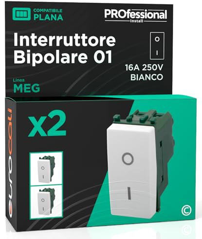 Interruttore Bipolare di Corrente 16A 250V I/O Compatibile con Vimar Plana a Incasso da Muro Frutti Elettrici Colore Bianco - Confezione da 2