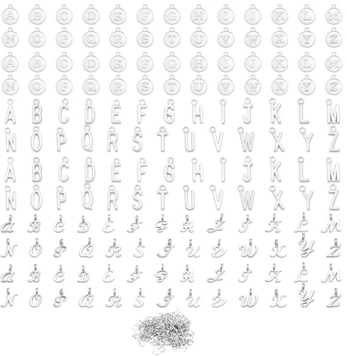 156 Bitar av Alfabetsberlocker, 3 Teckensnitt A-Z Bokstavsberlocker Silver Hängen med Versaler Bokstavsdistansberlocker för Halsband Armband Smycken Gör det Själv Hantverk