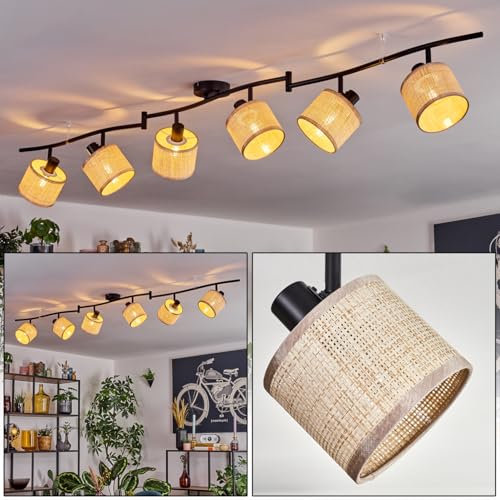 HOFSTEIN Deckenleuchte Sabadim, 6-flammige Deckenlampe aus Metall/Papaiergeflecht in Schwarz/Natur/Beige, verstellbare Leuchte im Vintage-Design (Schirme Ø 12cm), E14, Esszimmer, Wohnzimmer, Küche