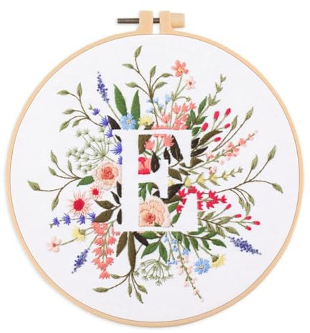 Cachpib Embroidery Kit for Beginners, Embroidery Starter Kits Stamped Cross Stitch Kit with Floral Letter Pattern, DIY Embroidery Kit with Embroidery Cloth Hoops Instructions Needles Threads, E