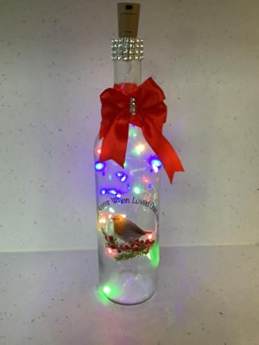 Decorative Light Up Bottle with Robin, Coloured LED Lights, Diamante Trim, 2m, Red Satin Ribbon