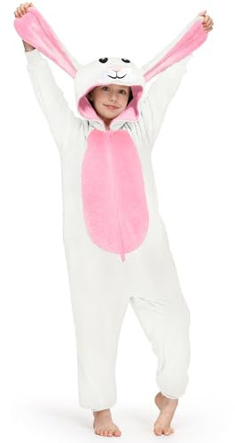 BesserBay Kinder Onesie Kinder Fleece Overall Mädchen Jumpsuit Einteiler Jungen Hausanzug Hase Rosa Weiß 9-10 Jahre