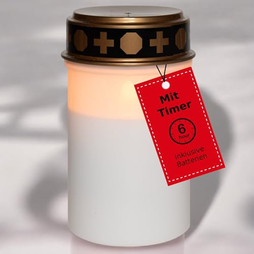 Novaliv Grablicht LED mit Batterie und Timer 6/18 LED Grablicht weiß Dauerbrenner mit Batterie Flackereffekt Grabkerzen Friedhofskerze Gedenkkerze Grablaterne Ewiges Licht Trauerkerze
