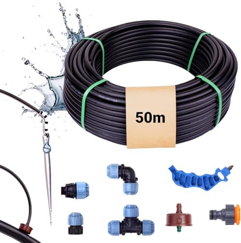 Premium Tropfbewässerungs-Set 50 m | Komplettsystem inkl. 75 Rivulis Tropfer 3,85 l/h | Gartenbewässerung Micro-Drip für Gemüse, Obst, Hecken | Flexibles Bewässerungssystem