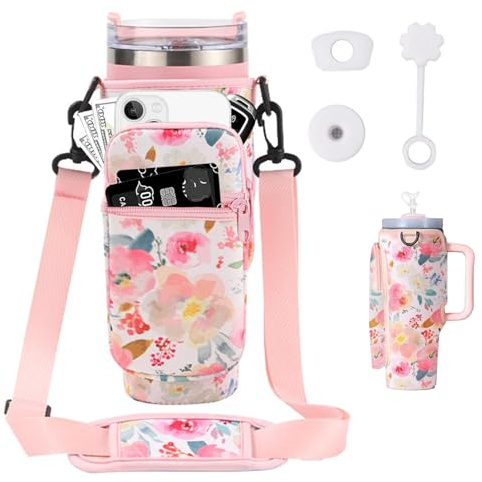 BUKYCAT Tasche für Stanley Cup 40oz, Stanley Cup Zubehör, 40oz Wasserflasche Träger, Karabiner & verstellbarem Schultergurt - Zum Wandern Laufen Radfahren