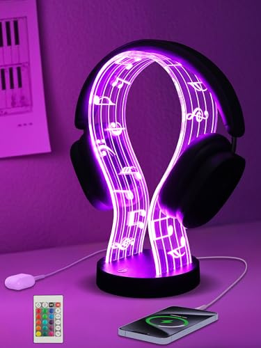 CoolGift Mart Light Up Headphone Stand with 16 Color Lights, Music Notes Pattern Acrylic Headset Stand with 1 USB and 1 Type-C Charging Ports, Gifts for Gamers Men and Music Lovers