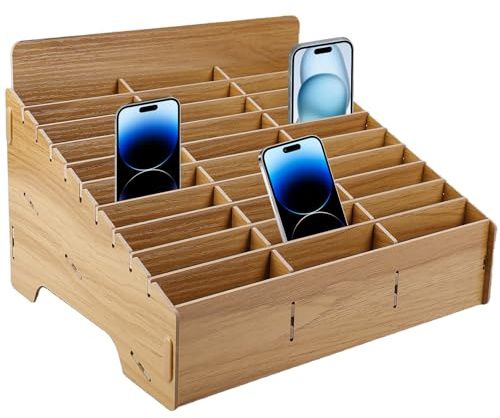 Behogan 30 Gitter Handygarage, Handyhalter für Klassenzimmer Multifunktionale Aufbewahrungsbox, Multi Grid Holz Desktop Handygarage Schule für Klassen Zimmer Büro Tagungsraum (Braun)