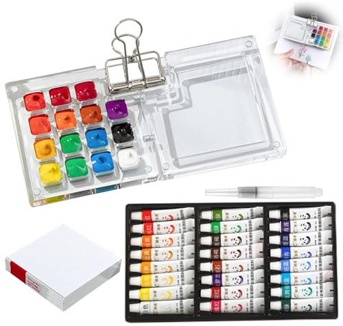 Pluvyze Mini Aquarell Set 15 Raster Transparent Pocket Aquarell Set 24 Farben,kleines Skizzenbuch,Stift,Clip,Umweltfreundlich und Langlebig,für Maler,Künstler,Studenten,Anfänger