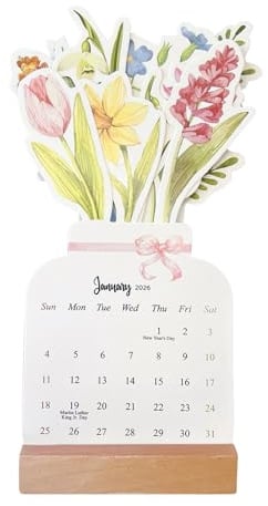 usefulbeauty Blumen-Tischkalender 2026 – Mini-Kalender, dekorativ, floral, zum Hinstellen, dekorativer Organizer für Büro, Schule, Schlafsaal, Dekoration für Weihnachten, Valentinstag