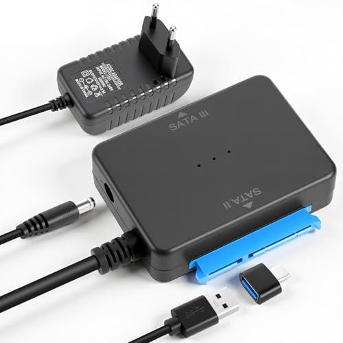 USB 3.0 auf Dual SATA Adapter mit Netzteil, 2 Festplatten gleichzeitig anschließen, für 2,5 & 3,5 HDD/SSD, inkl. USB-A & USB-C Adapter, ideal für Datenübertragung, Backup & Klonen