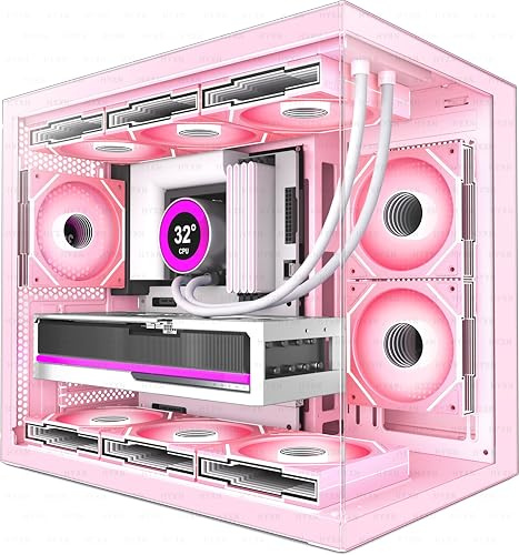 HYXN H3 ATX PC Case - Pre-Installed 6 Infinity Mirror PWM ARGB Fans - Compact Dual Cavity Mid-Tower Gaming PC Case,360mm Radiator Support - with Type-C 3.2 (Pink)