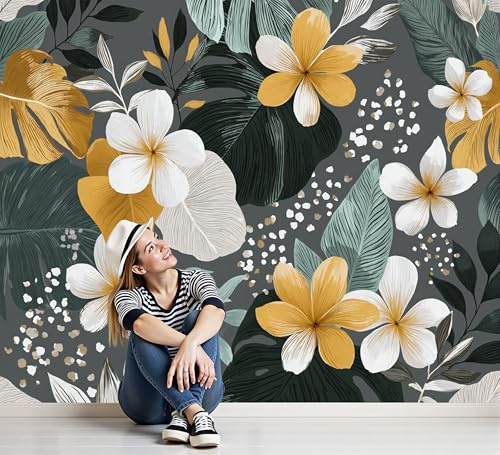 Papier Peint Panoramique Feuilles De Palmier Frangipanier, Papier Peint Plante Tropicale Abstraite 400x280cm, Fresque Murale Soie Décoration Murale Pour Salon Chambre à Coucher Maison, Jaune