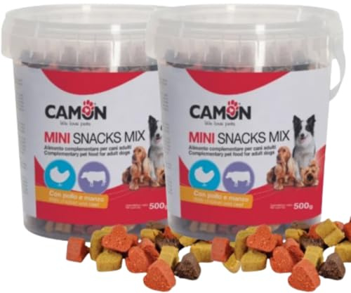 OFFERTA KIT Mini Snacks Mix Cuori per Cani al Pollo e Manzo - Offerta 2 Confezioni da 500g (1kg Totale) - Premietti Morbidi Ideali per Addestramento e Ricompensa - Snack Complementare Adulti