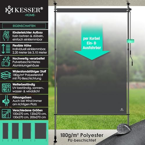 KESSER® Klemmmarkise 200x310 cm, Garten Balkon Sichtschutz wetterfest, Wind- & Sonnenschutz, Senkrechtmarkise mit Handkurbel ohne Bohren, Ausziehbar, wasserdicht & UV-beständig, Anthrazit