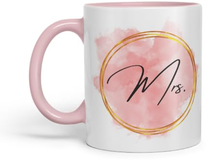 Vixar Mrs Watercolour Wedding Couple Mug – Coloured Ceramic Mug Cup Gift, 11oz (Pink)