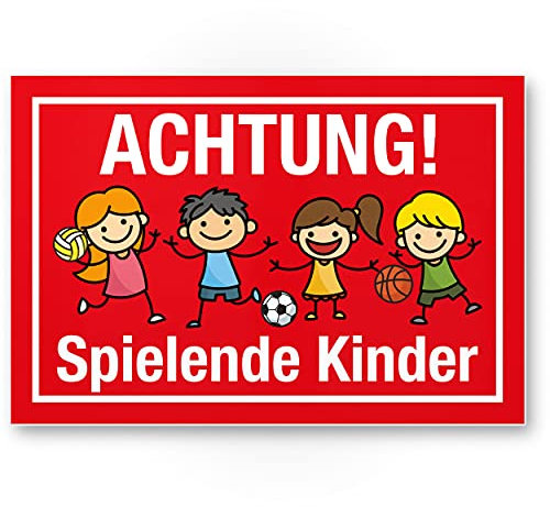 Komma Security Achtung Spielende Kinder Schild 30 x 20 cm Hinweisschild Warnzeichen Warnschild langsam fahren Warnung Hinweis Spielstraße Spielplatz - Vorsicht spielende Kinder