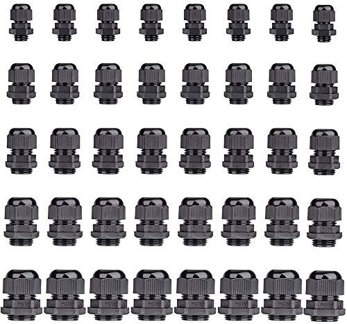 40 pcs Cable Gland Nylon Plastic Waterproof Adjustable, Cable Glands Joints Wire Protectors -Pg7, Pg9, Pg11, Pg13.5, Pg16 (8 Cable Glands per Size) by Yesallwas (Black)