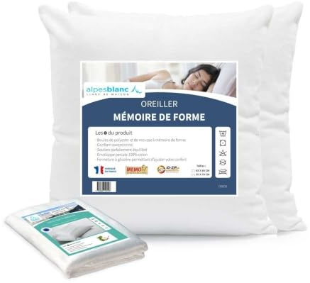 Alpes Weiß, 4-teiliges Set – 2 Kissen mit Memory-Schaum + 2 Unterlagen aus Baumwolle – Maße Kissen – 65 x 65 cm