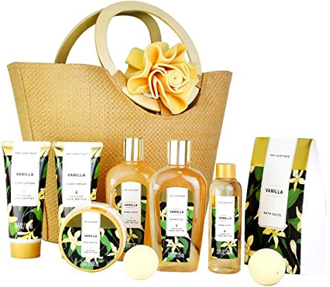 Bade Geschenkset für Frauen SPA LUXETIQUE 10 tlg. Set Vanilla Duft - Handcreme, Duschgel, Schaumbad, Bodylotion, Badesalz, Badeschwamm und Geräumige Handtasche,Bade Geschenkset zum Muttertagsgeschenk