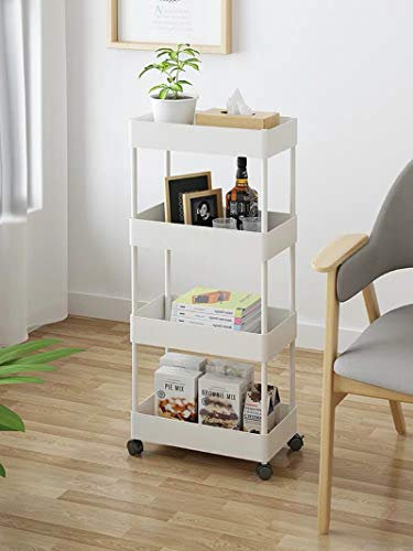 JIIKOOAI 4-Tier Storage Trolley Organizer with Casters - Multi-purpose Rolling Cart for Office, Kitchen, Bathroom, Bedroom (White)