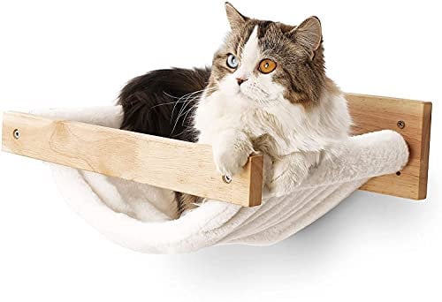 FUKUMARU Kletterwand Katzen, Großes Katzenregal zur Wandmontage, aus massivem Gummibaumholz, Katzenhängematte Wand zum Schlafen, Spielen, Tragkraft bis 18 kg, Weißes Flanellmaterial