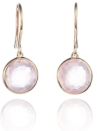 Anakao Boucles d'Oreilles Pendantes en Or Jaune 9 Carats pour Femmes avec des Pierres en Quartz Rose. Boucles d'Oreilles Pendantes en Pierre Naturelle pour Femme. Boucles d'Oreilles en Quartz Rose